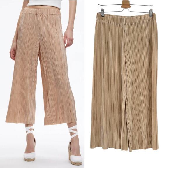 Alice + Olivia Pants - Alice + Olivia Benny Pants Ribbed Pleated Plisse Cropped Wide Leg Tan Size Large
